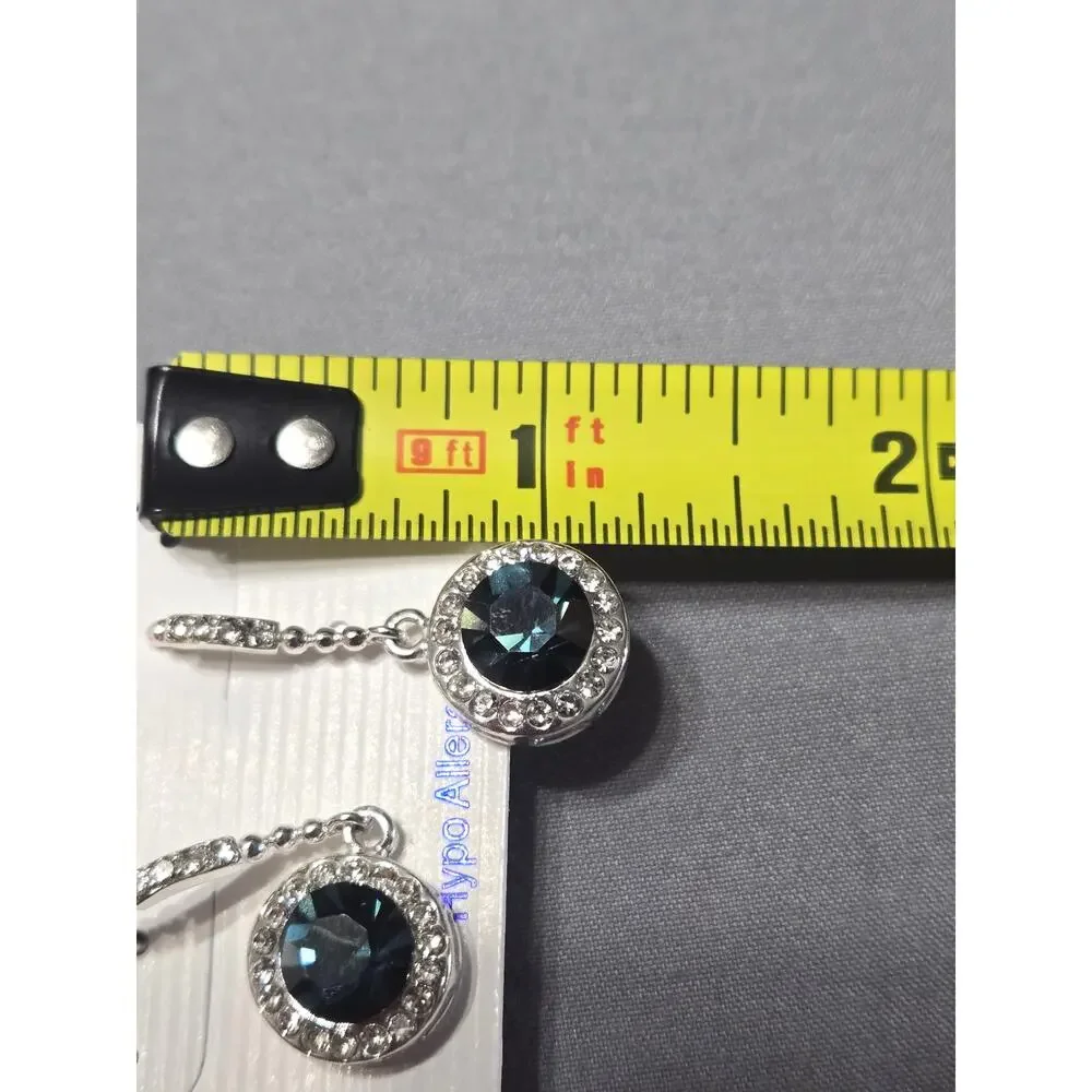 Dark Blue Crystal Halo Drop Earrings Silver Tone